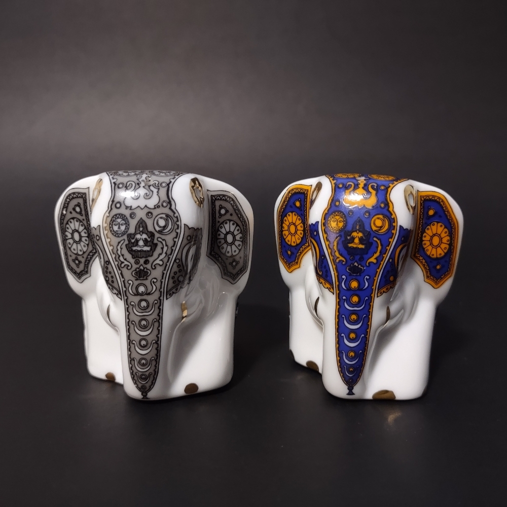 Mlesna Ceylon 2.5" Salt & Pepper Elephant Shakers Porcelain Decor, Blue & Gray